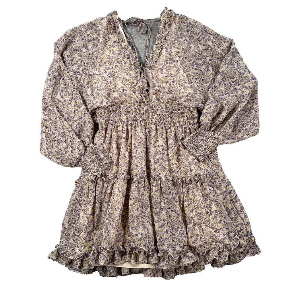 Love ya Bunches Floral V-Neck Long Sleeve Mini Dress Size Medium Ruffle Purple
